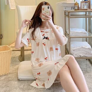 Short Sleeve Nightgown Mid-Length Sleepwear for Women Summer Cotton-Like Wrinkle Fabric Casual Sweet Trendy Girl Dress Loungewear