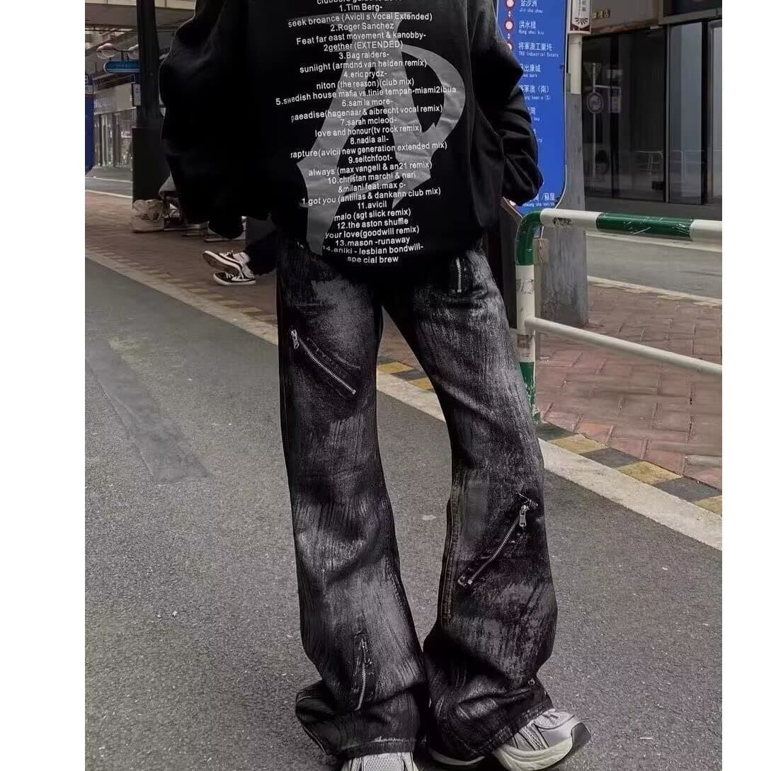 Vintage Retro Distressed Washed Flared Jeans for Men and Women, American High Street Zip Design Relaxed Straight Leg Pants