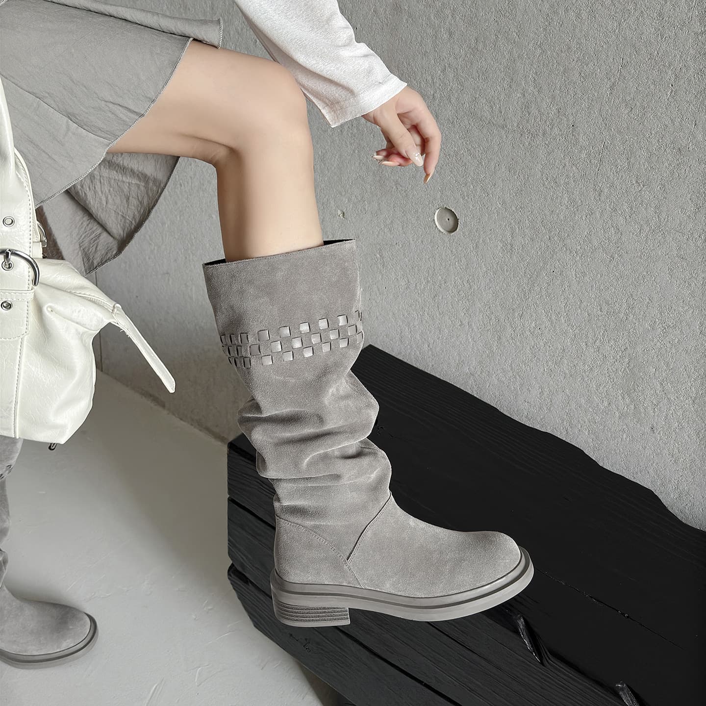 Women's High Boots, Long Boots, New Autumn/Winter Versatile Mid-Heel Slip-On Stacked Boots, Premium Gray Full Cowhide Knight Boots