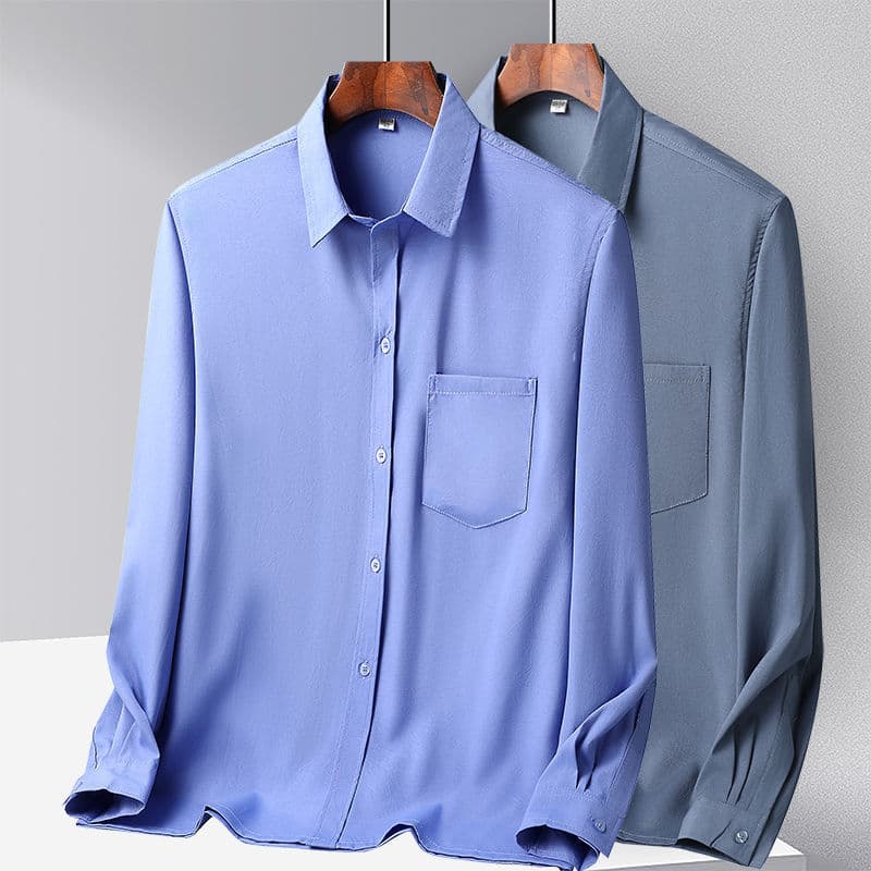 Men's Ice Silk Casual Long-Sleeve Shirt for Middle-Aged and Elderly, Thin Summer Wear for Dad, Loose Solid Color Grandpa Clothes