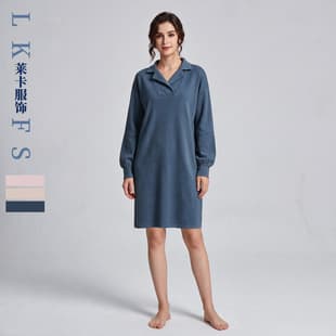 Nightgown Cross-border Notch Lapel Nightgown Loose Long Sleeve Thermal Fleece Home Dress
