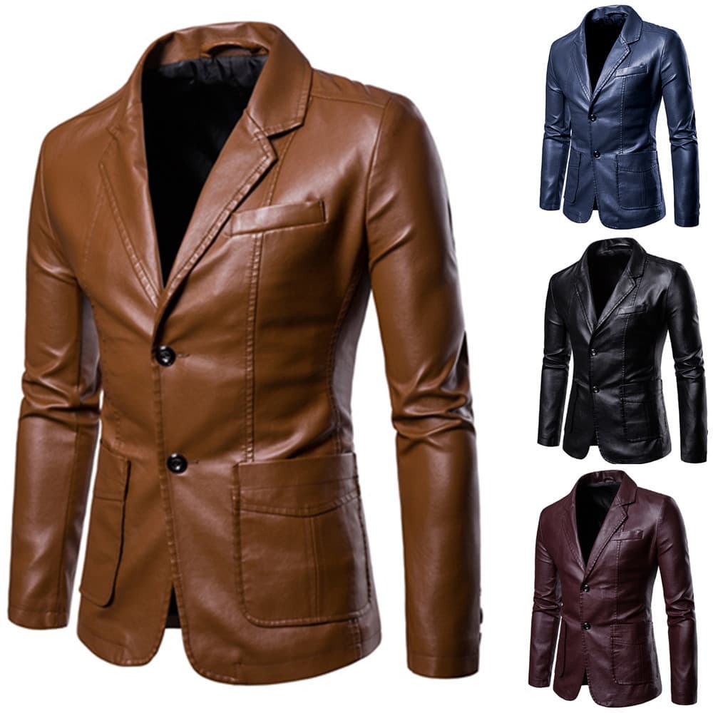 Foreign Trade Amazon 2020 Autumn/Winter New Men's Slim Fit Versatile PU Blazer with Lapel Leather Jacket