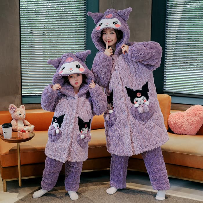 Cartoon Capybara Girls' Three-Layer Cotton Padded Pajamas Winter Hooded Fleece-Lined Thickened Homewear Set for Older Children