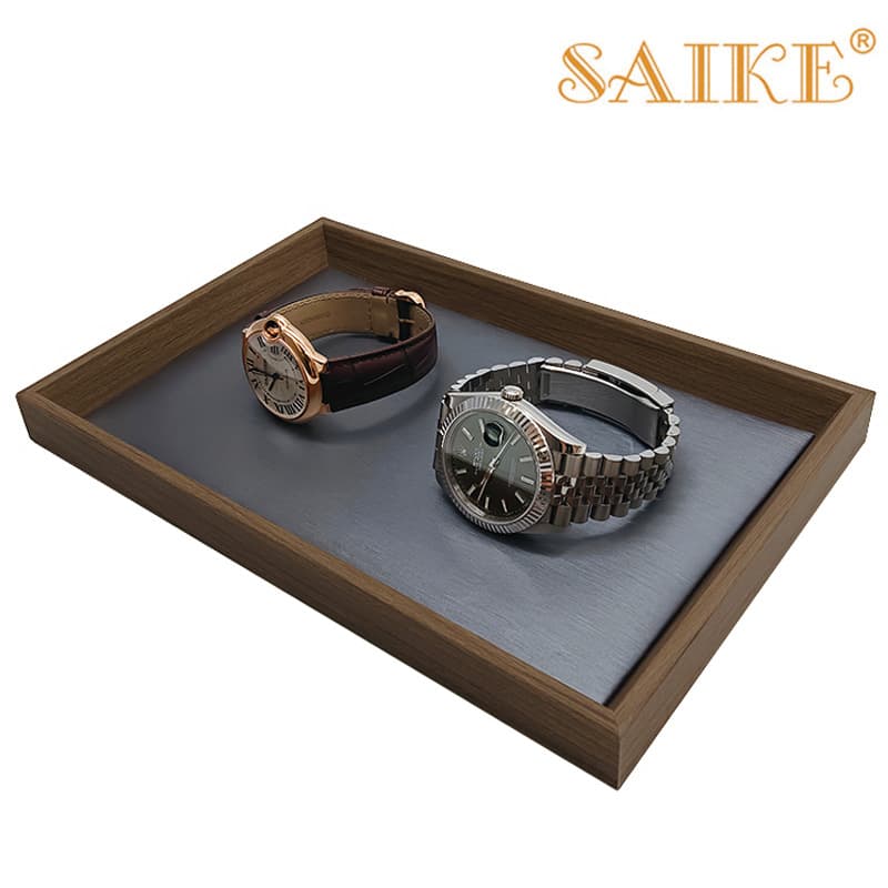 In Stock Wholesale Black Walnut Grain Wood Gunmetal Brushed Leather High-End Watch Jewelry Accessories Display Tray