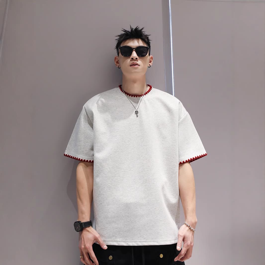 American Street Style Heavyweight 220g Embroidered Short Sleeve T-Shirt for Men 2025 Summer New Trendy Simple Loose Fit Tee