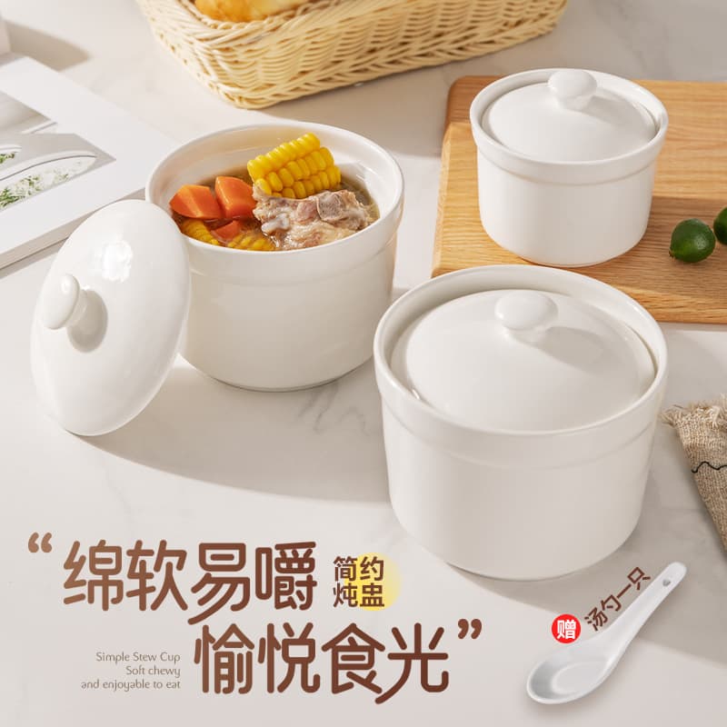 Household ceramic double-boiling stew pots with lids for bird's nest, egg custard, and soup