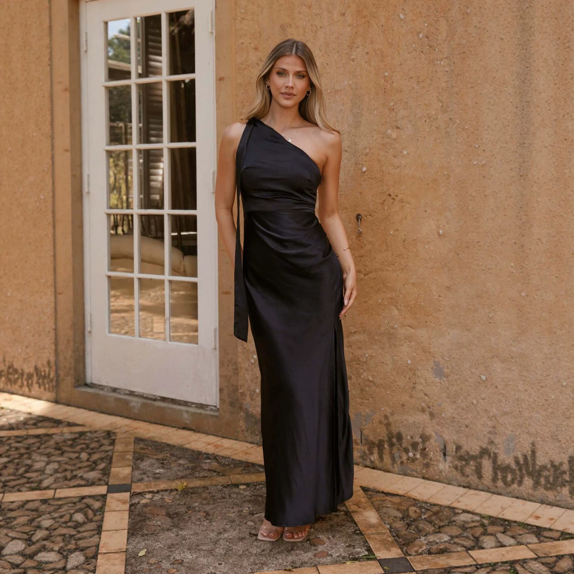 2026 Cross-border Amazon One-shoulder Pleated Slit Sexy Short Sleeve Satin Dress European and American Summer Elegant Maxi Dress