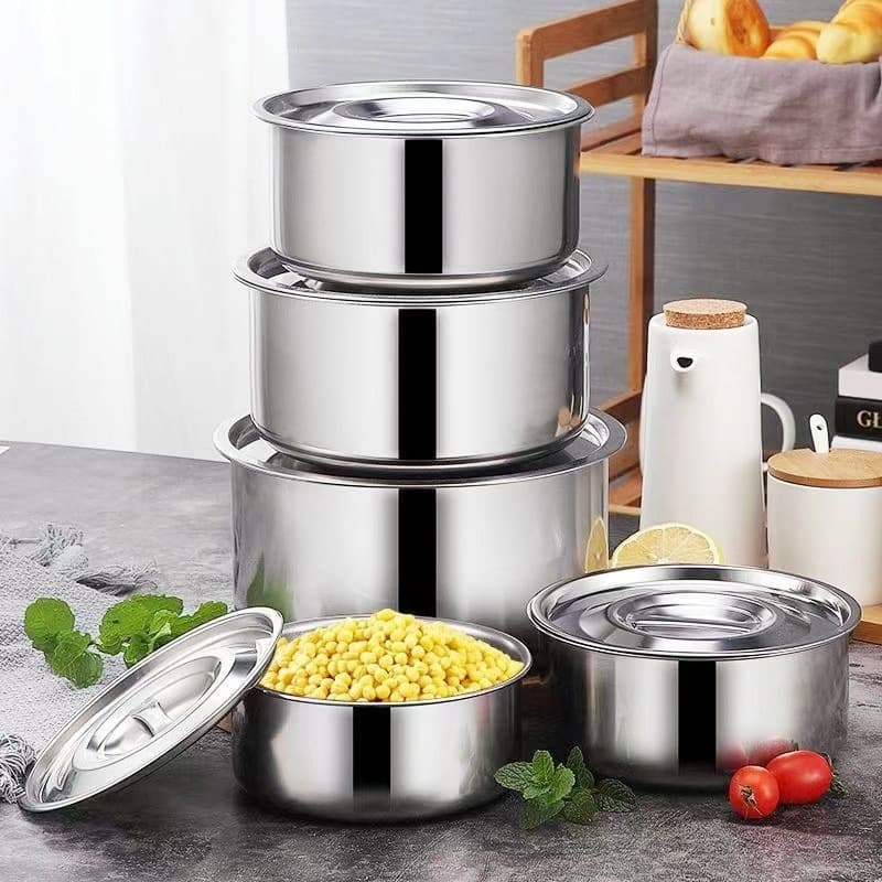 Stainless steel cooking pot with lid, seasoning jar, food-grade salad basin, oil basin, Korean cross-border Southeast Asia three-piece set