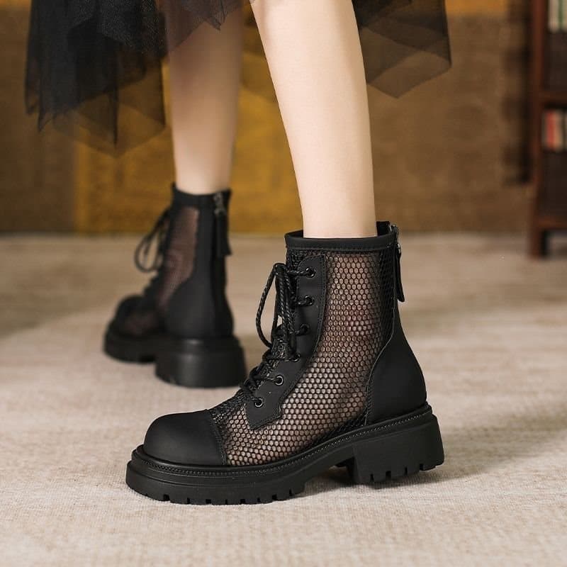 Hollow-out Martin Boots Women Summer Thin Style 2026 Spring Summer New Chunky Heel Thick Sole Mesh Sandal Boots Breathable Short Boots