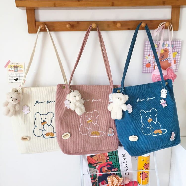 New corduroy casual women's bag, cute girly student style, bear canvas corduroy shoulder bag/crossbody bag.