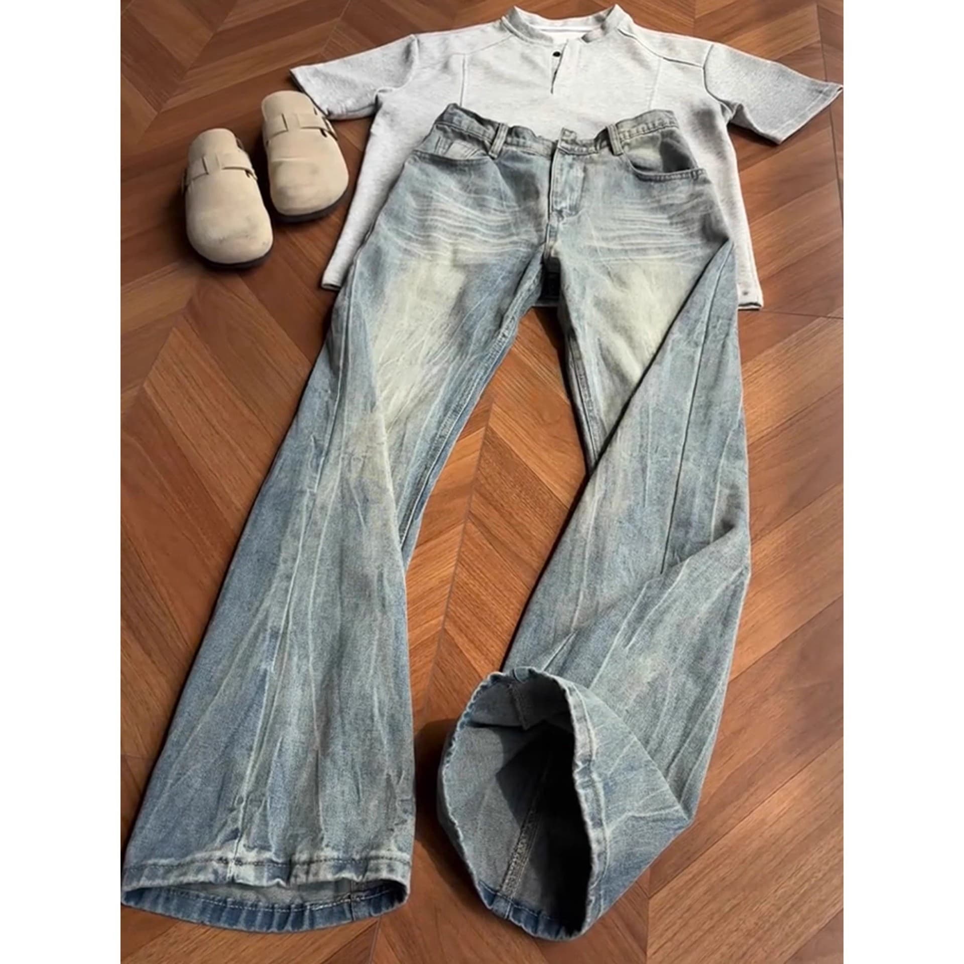 Glacier Blue Burst Lightning Pattern Jeans Men's Trendy American Heavy-Duty Washed Straight Pants Narrow Version Slim Fit Bootcut Pants