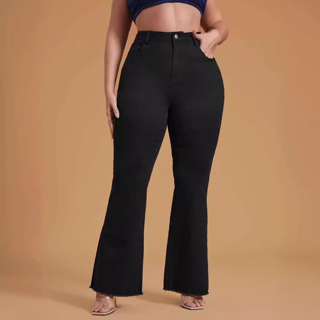 Cross-Border European and American Large Size Black Stretch Raw Hem Denim Wide Leg Bell Bottom Pants Plus Size Women's Pants Temu Amazon Shein Fashion