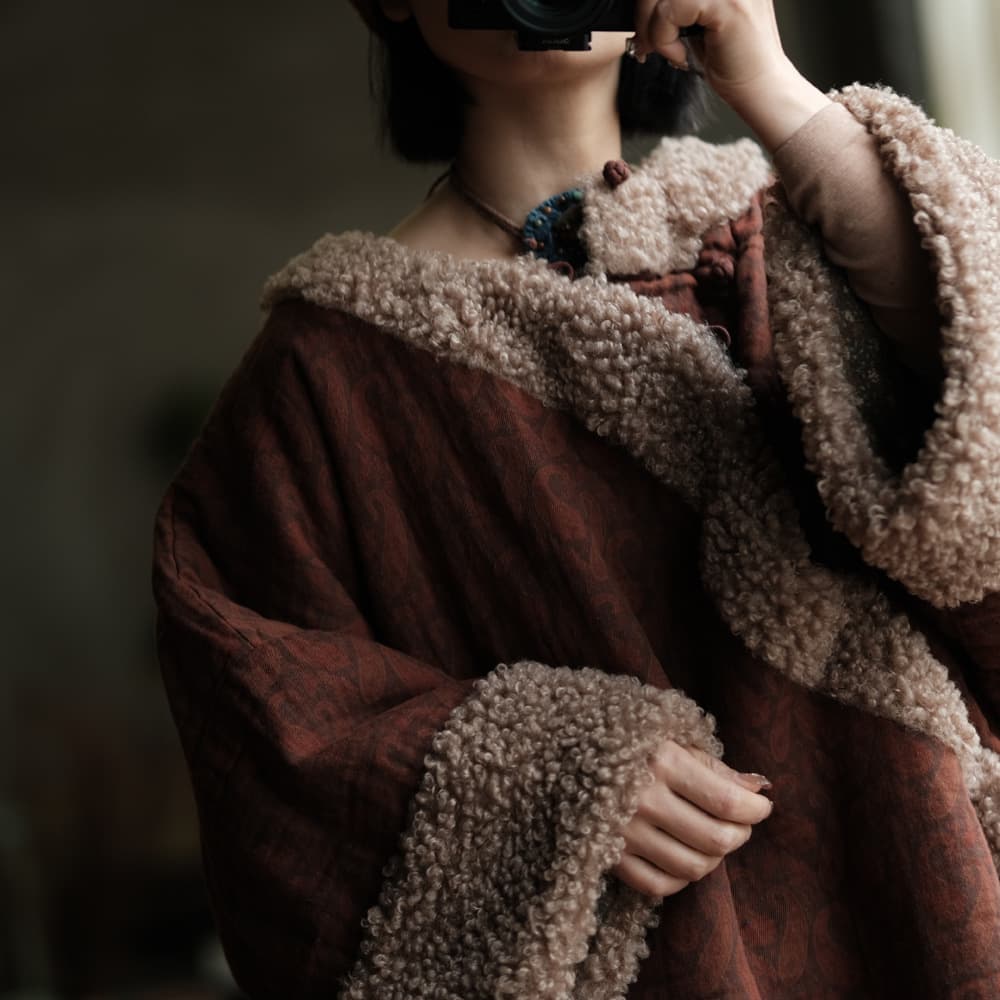 Original Women's Literary Retro Lamb Curly Loose Cotton Coat, Winter High-End Outerwear 2231 Cicada