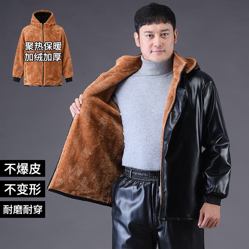 Men's Fleece-Lined Thickened Leather Jacket and Pants Windproof Warm Casual Durable Motorcycle Pants for Ride-Hailing and Delivery Workwear Winter
