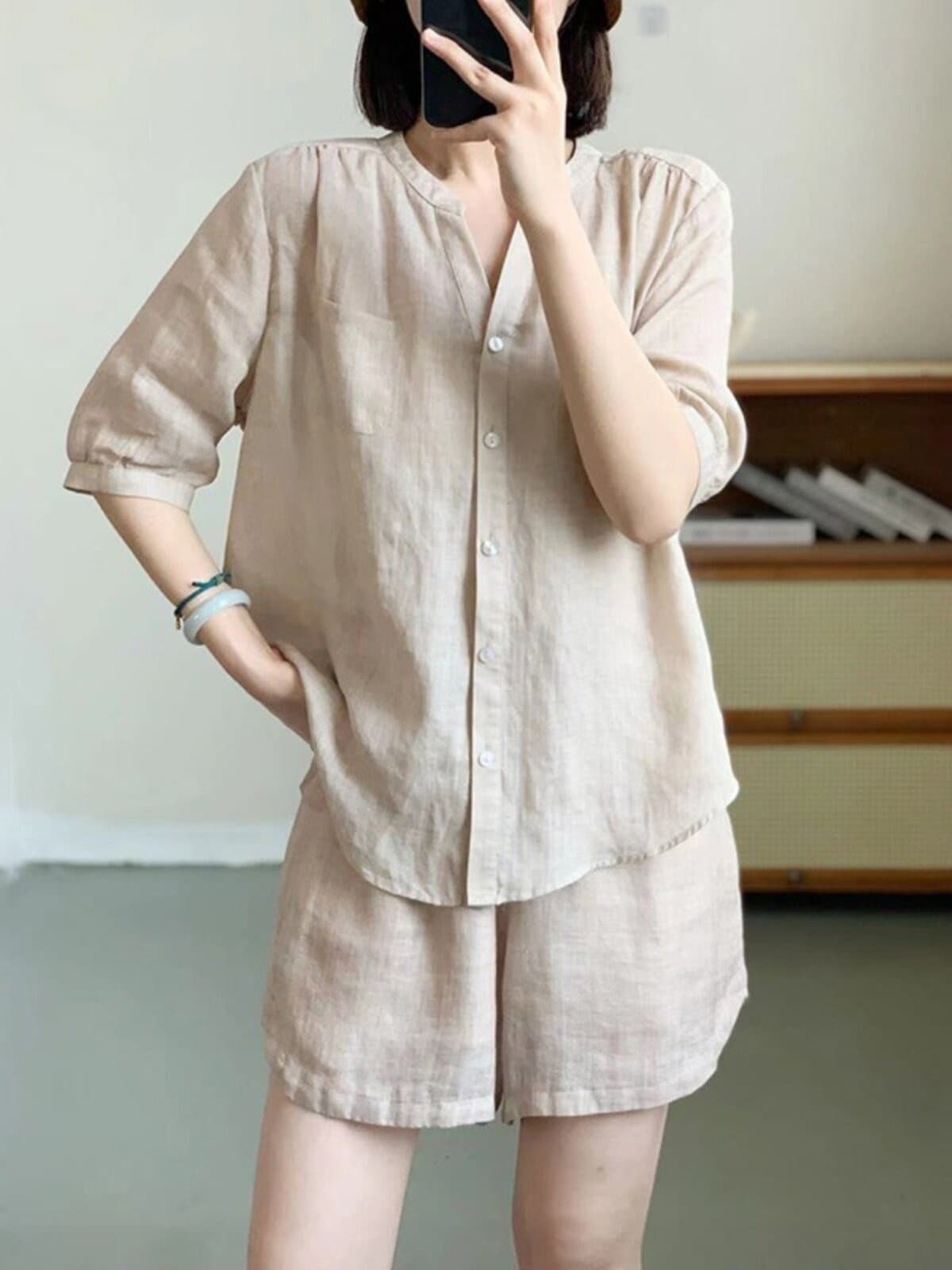 Summer Fashionable High-End Cotton Linen Shirt and Casual Shorts Set for Plus Size Women, Slimming and Flattering