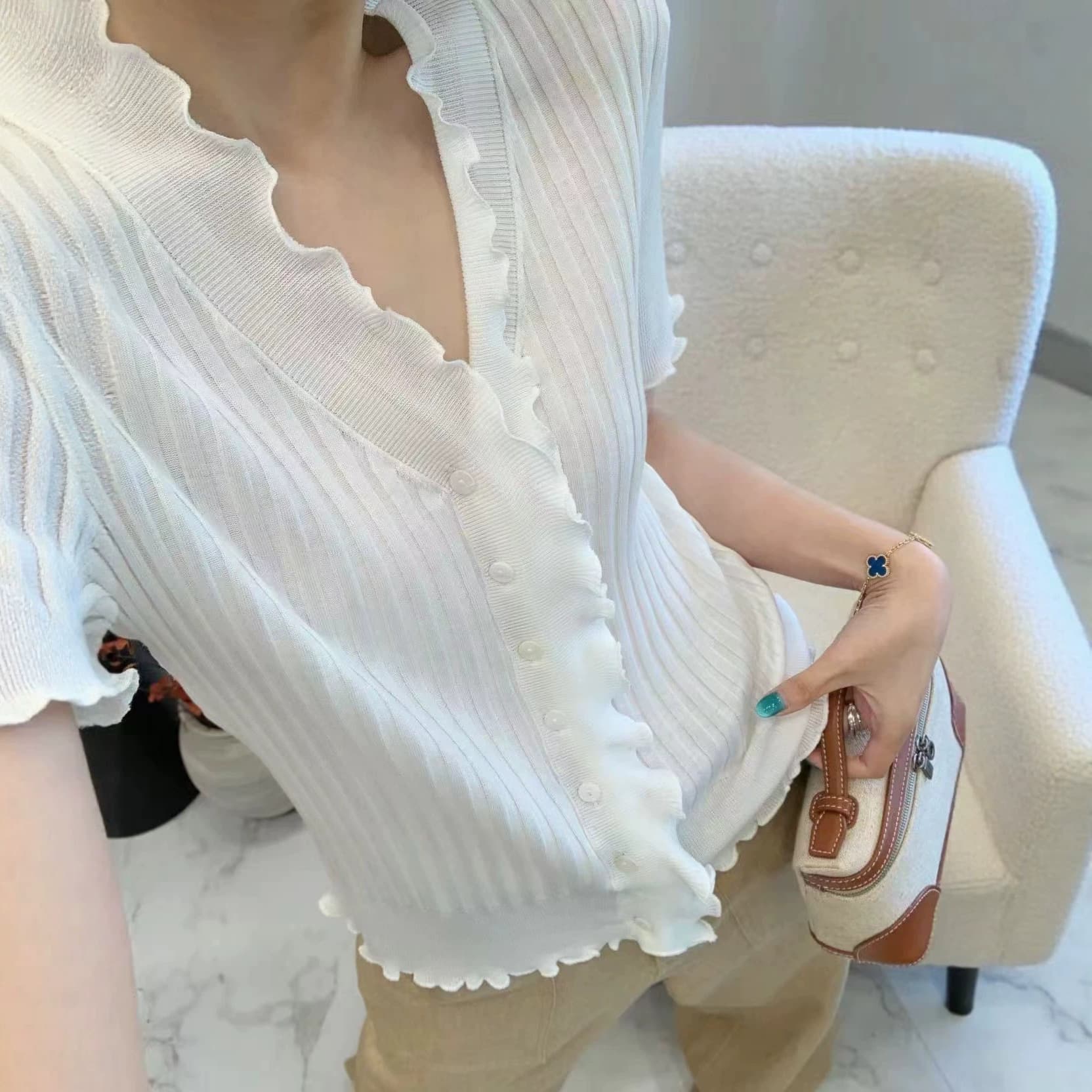French-Style Fashionable Gentle Ruffled Collar Short-Sleeve Knit Cardigan, New Summer Model, Single-Breasted, Solid Color, Slimming Thin Top