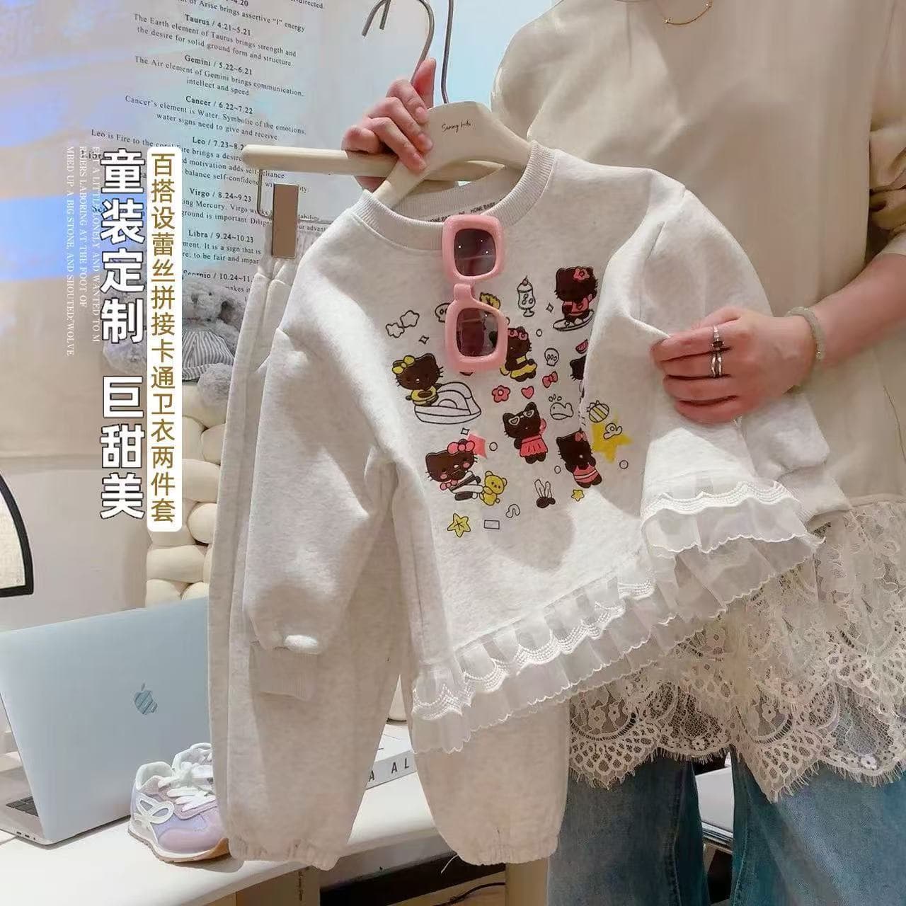 2025 Hot Autumn Suit Girl's Cotton Cartoon Hoodie Set Korean Print Hoodie Sweatpants Two-Piece Set Other