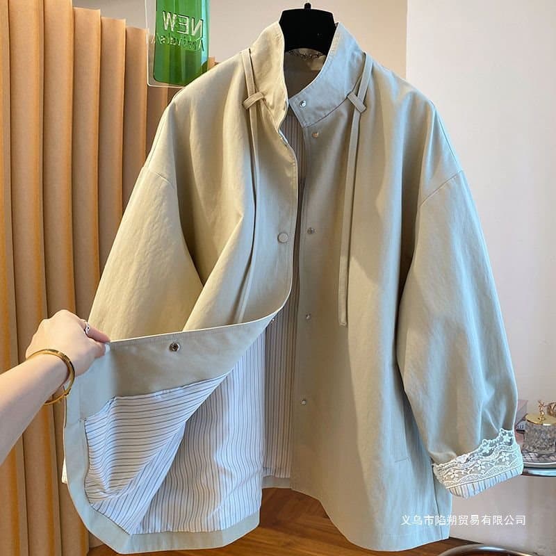 Lace Cuff Trench Coat Women Spring/Autumn Elegant Ribbon Single-Breasted Loose Stand Collar Jacket Top