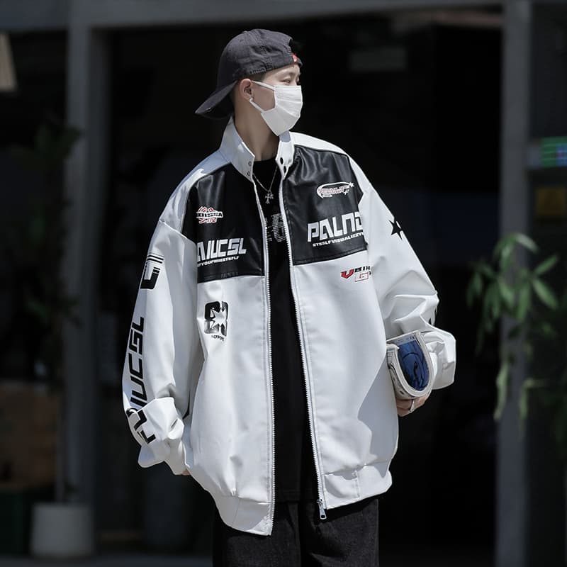 Men's Trendy American Motorcycle Racing Jacket, Stand Collar Black and White PU Leather, Couple Style High-Street Coat