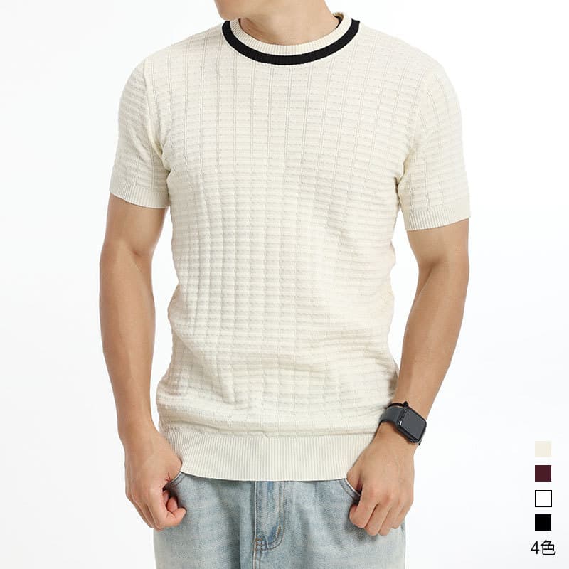 2026 Summer New Men's Ice Silk Round Neck Knitted Sweater Contrast Color Old Money Style Basic Top Men's Short Sleeve T-Shirt