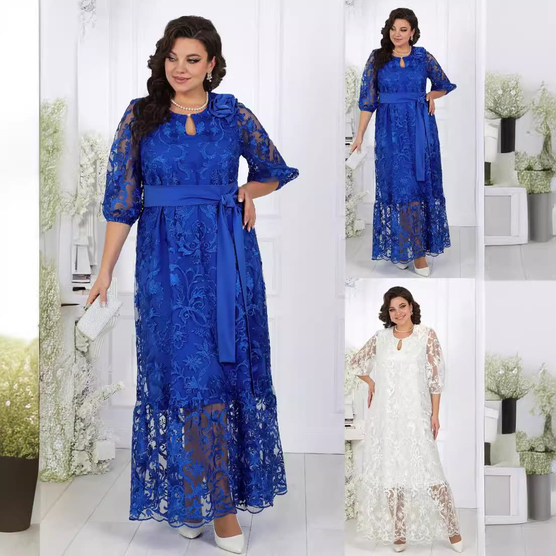 Plus Size European and American New Dress Plus Size Women's Evening Gown Heavy Lace Embroidered Cocktail Dress Set