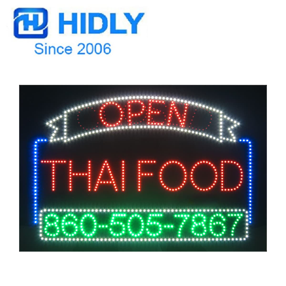 European and American Style Sign for Thai Food with "Open" LED Illuminated Letters and Lightbox
