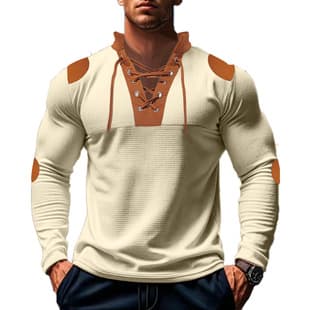 Amazon Fall/Winter American Style Thin Waffle Western Cowboy Henley Shirt Long Sleeve Stand Collar Drawstring Embroidery T-Shirt for Men