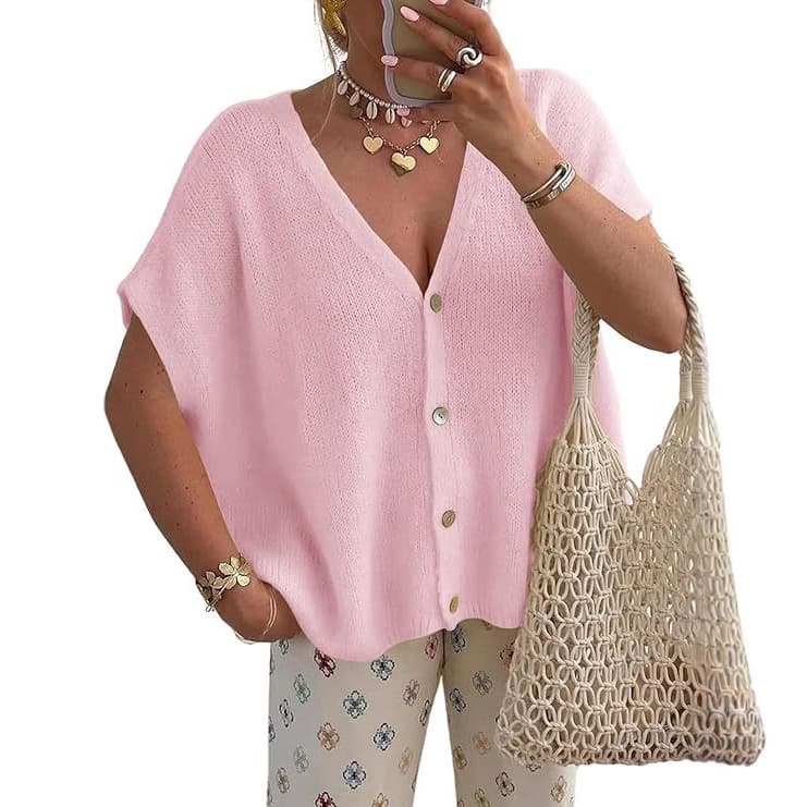 Cross-border Amazon Cardigan Sweater 2025 Summer New Loose Short Sleeve Top V-Neck Commuter Solid Color Knit Women