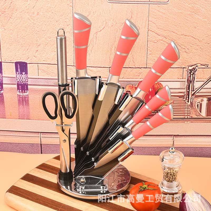 Wholesale Knife Set with Rotating Knife Block, Kitchen Knife and Scissors Set, Classic Horseshoe Handle, Gift Box Packaging