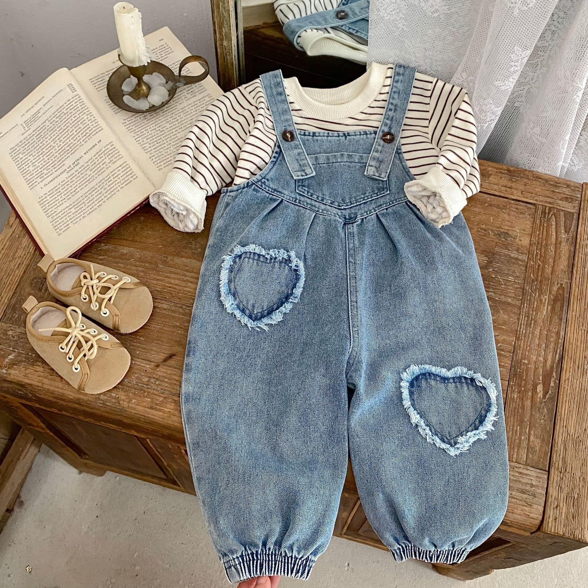 ins 2026 Spring Autumn Korean Style Baby Boys Girls Heart Denim Pants Loose Big PP Overalls Denim Crawling Pants