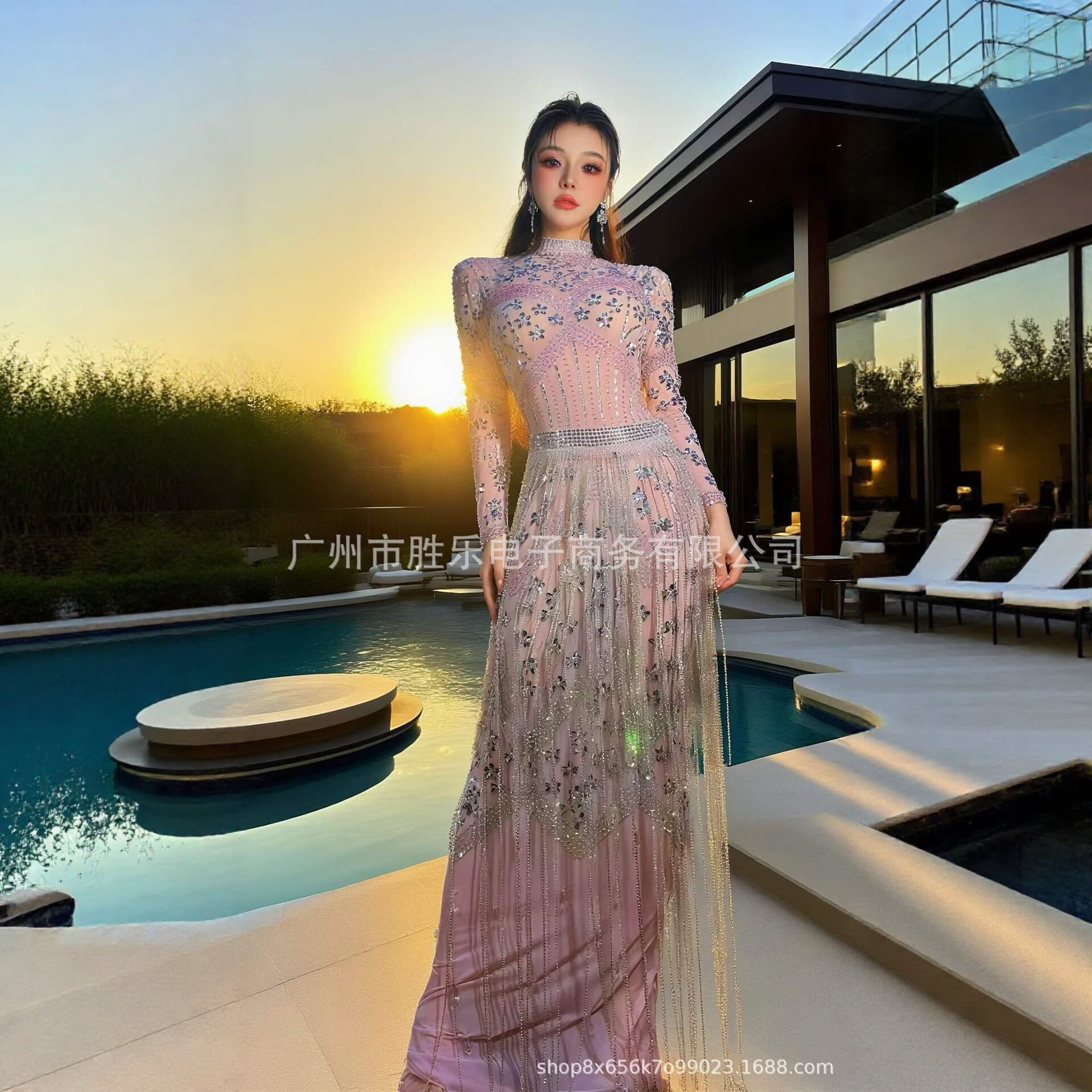 2026 New European and American Style Diamond Tassel Slim Long Skirt Evening Dress Stage Performance Dress