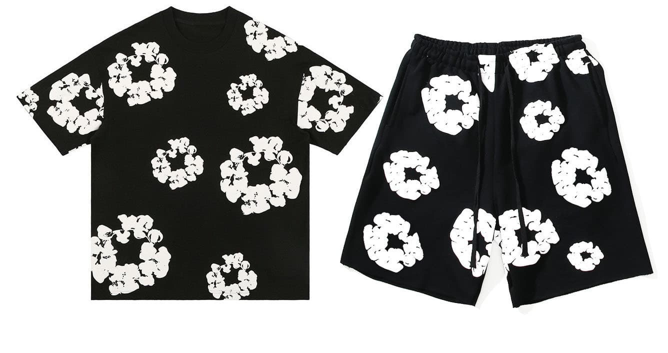 Cross-border Europe and America trendy hip-hop foam print short-sleeve casual shorts set loose sportswear set in stock dropshipping