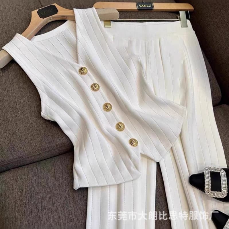 2024 Early Autumn New Elegant V-Neck Metal Button Short Knit Vest + Wide-Leg Pants Two-Piece Set