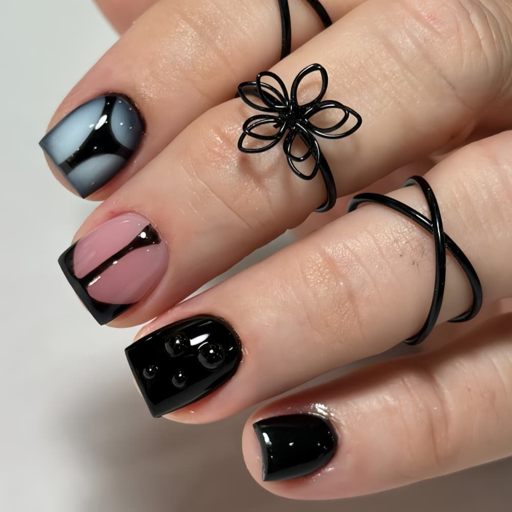 Black Pink Minimalist Geometric Short Square Press-On Nails Wholesale Sweet Cool Nail Tips Cross-Border 3D Relief Gel Fake Nails