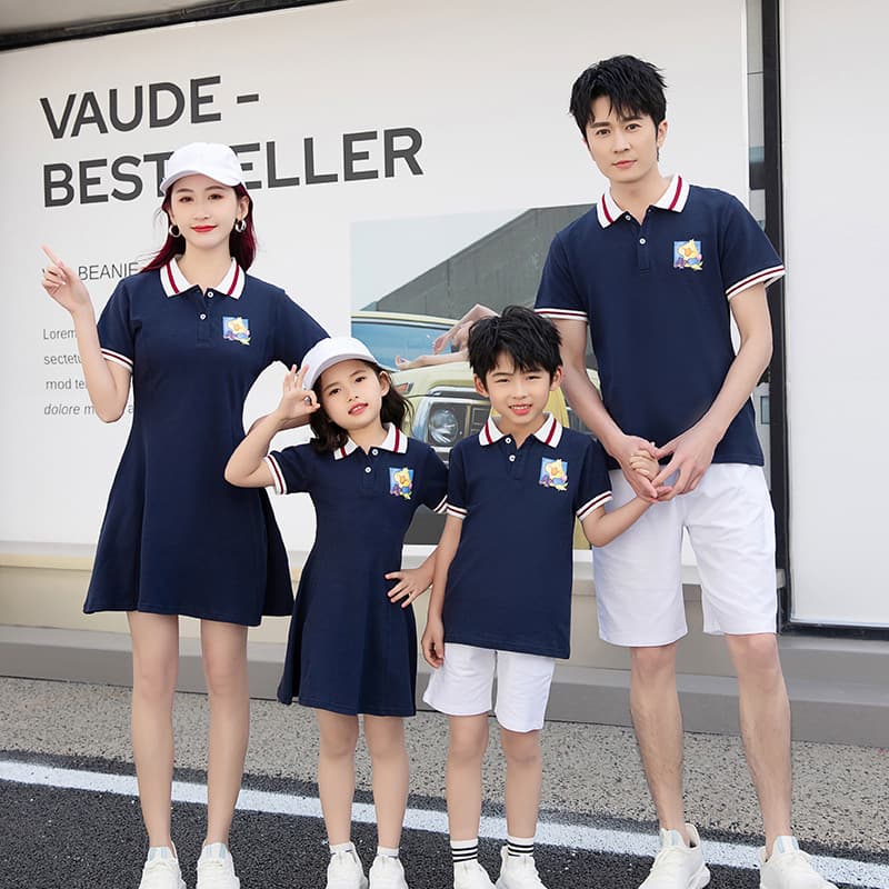 Family Matching Outfit Set - Trendy Short Sleeve Polo Shirt and Dress for Mother, Father, and Kids (3-4 People), Kindergarten Style