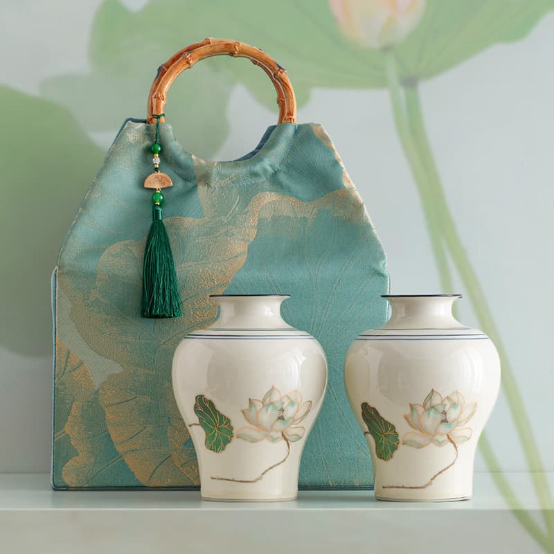 Elegant Cloth Bag Ceramic Tea Caddy Tea Gift Box Bamboo Shadow Classical Handmade Vintage Storage Bag Creative Sealed Jar