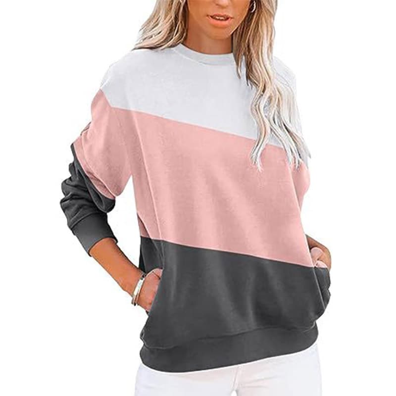 2024 Europe and America Cross-Border Women's Casual Long-Sleeve Color-Block Top Round Neck Sweatshirt Loose Pullover