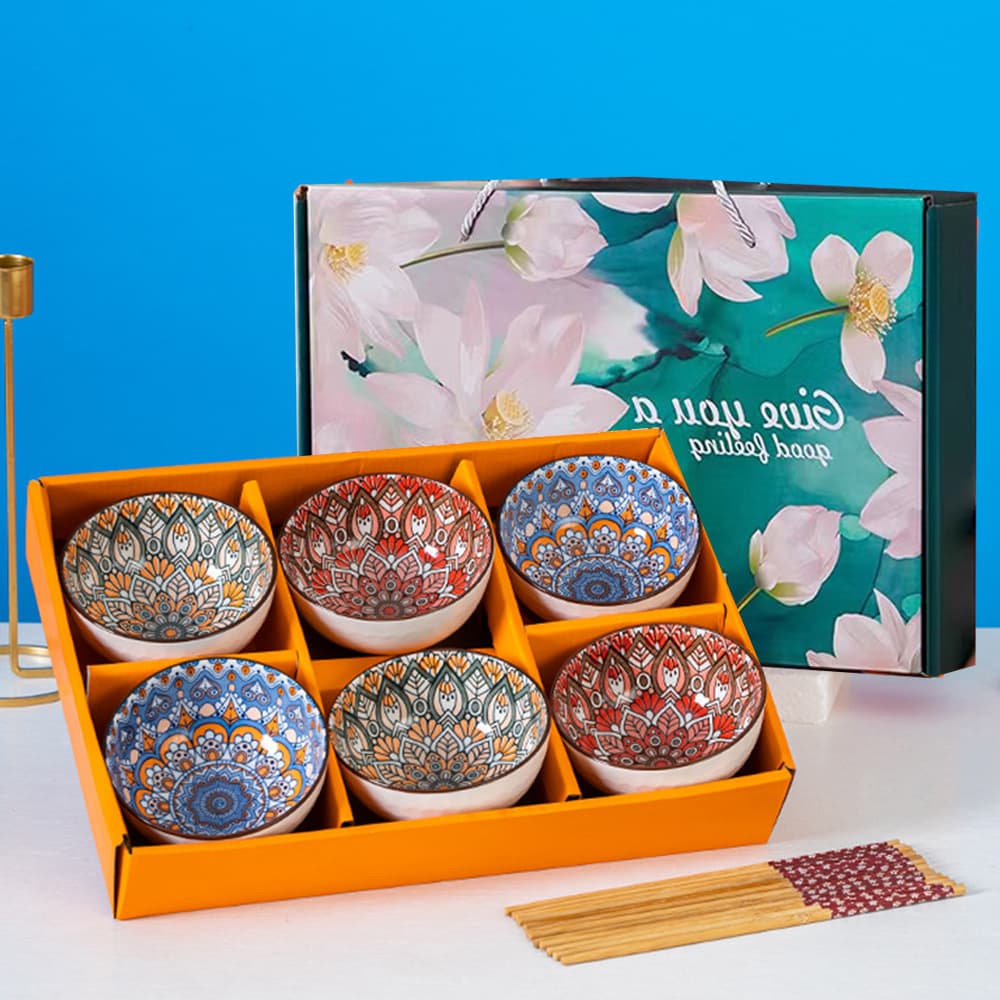 6-Piece Bowl Gift Set, Home Ceramic Dinnerware Set, Bowl and Plate Set, Bohemian Style, Gift Box