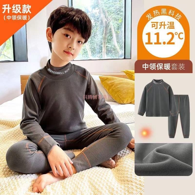 Boys' Thermal Underwear Set, Children's Warm Long Johns, Dralon Thickened, Baby Pajamas, High Neck, Winter