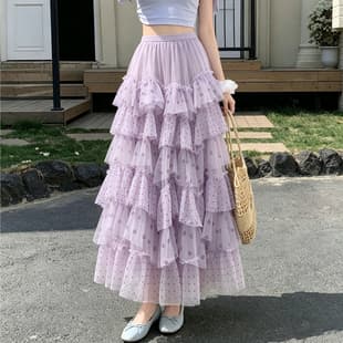 Polka Dot Mesh Tiered Skirt for Women Summer Elastic High Waist Slimming A-Line Umbrella Skirt Flowy Versatile Pleated Long Skirt