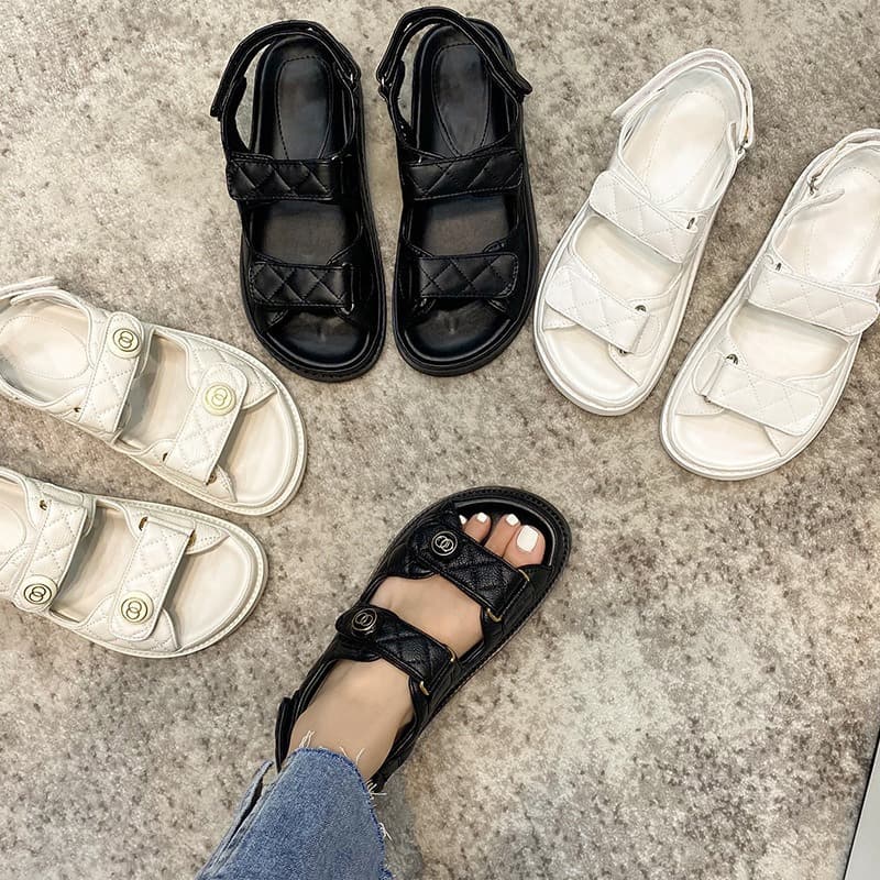 Roman Sandals with Velcro, Chanel-Style Diamond Quilted Thick Sole, Genuine Leather, Metal Buckle, Versatile Flat Beach Shoes for Women Summer