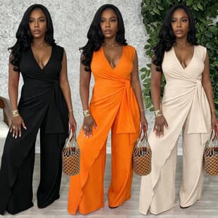 C7786 Cross-border 2026 New Women's Sleeveless V-Neck Cross Tie Split Top Wide Leg Commuter Jumpsuit