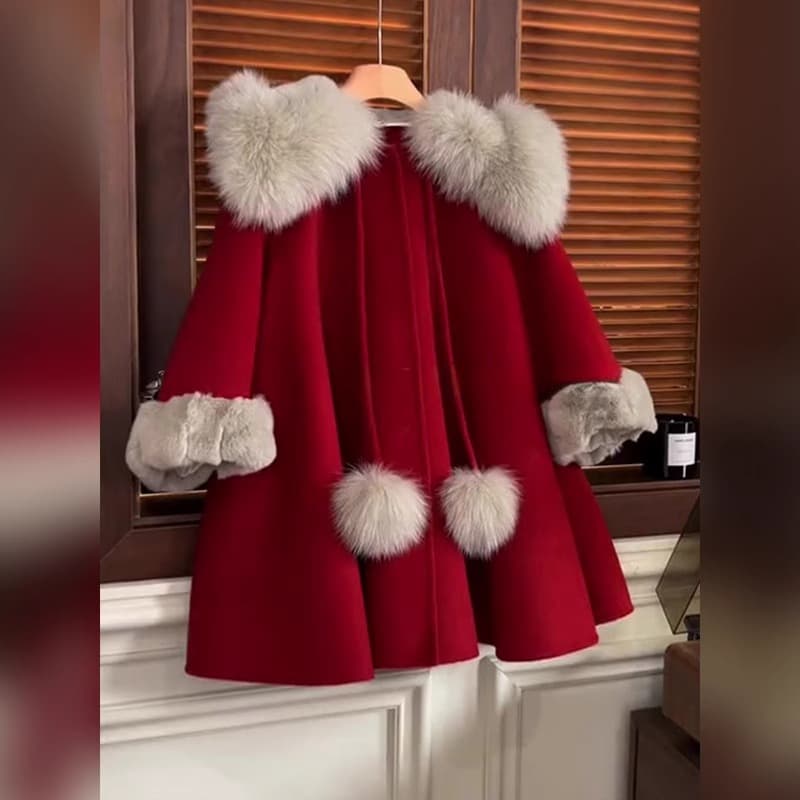 Girls' Fleece-Lined Wool Coat Autumn/Winter 2025 New Year Outfit for Kids, Thick Warm Jacket, Stylish
