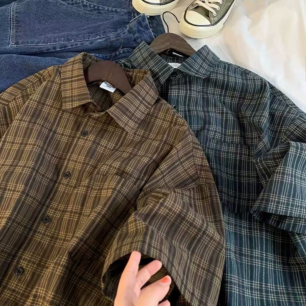 College Style Men's and Women's Summer Short-Sleeved Shirt, Handsome Casual Shirt, Korean Trendy Top, Loose Plaid Jacket