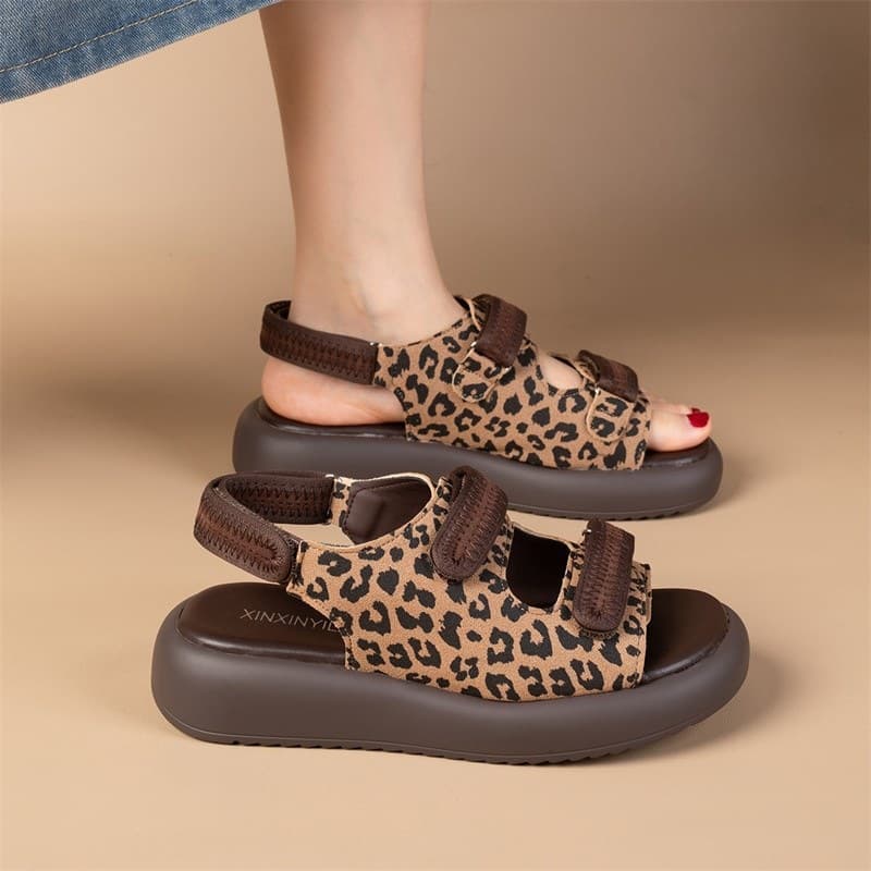 2026 New Leopard Print Roman Sandals Women Summer Velcro Low Heel Fashion Versatile Comfortable Beach Sandals for Dresses