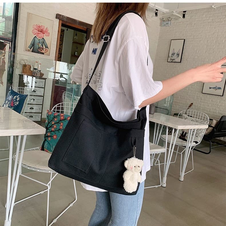 Casual Canvas Women's Bag, New Japanese Style, Solid Color, Large Capacity, Simple Student Bag, Single Shoulder, Artistic Crossbody