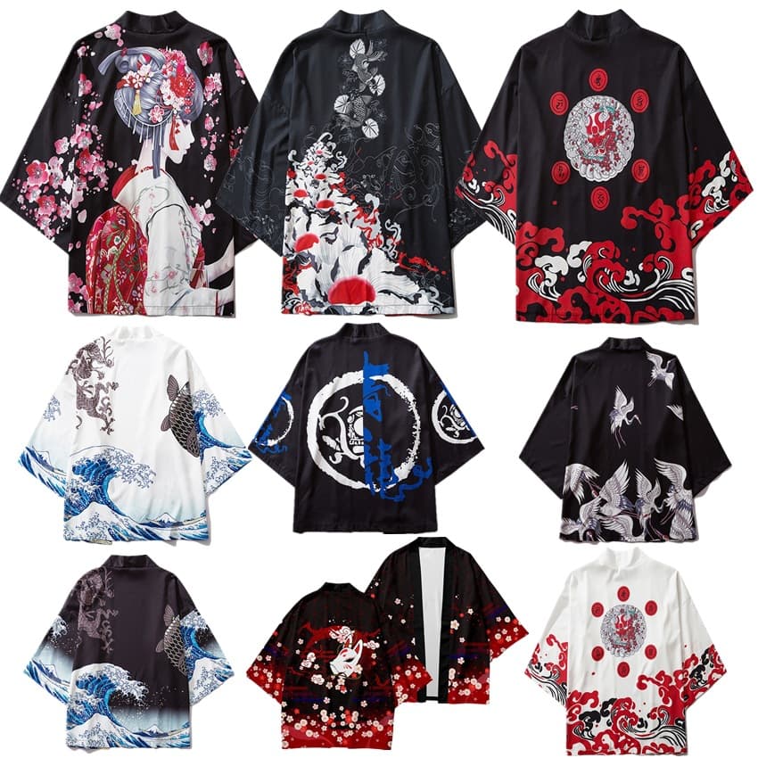 Factory Direct Japanese Ukiyo-e Carp Creative Wave Kimono Cape Haori Cosplay Taoist Robe Men's