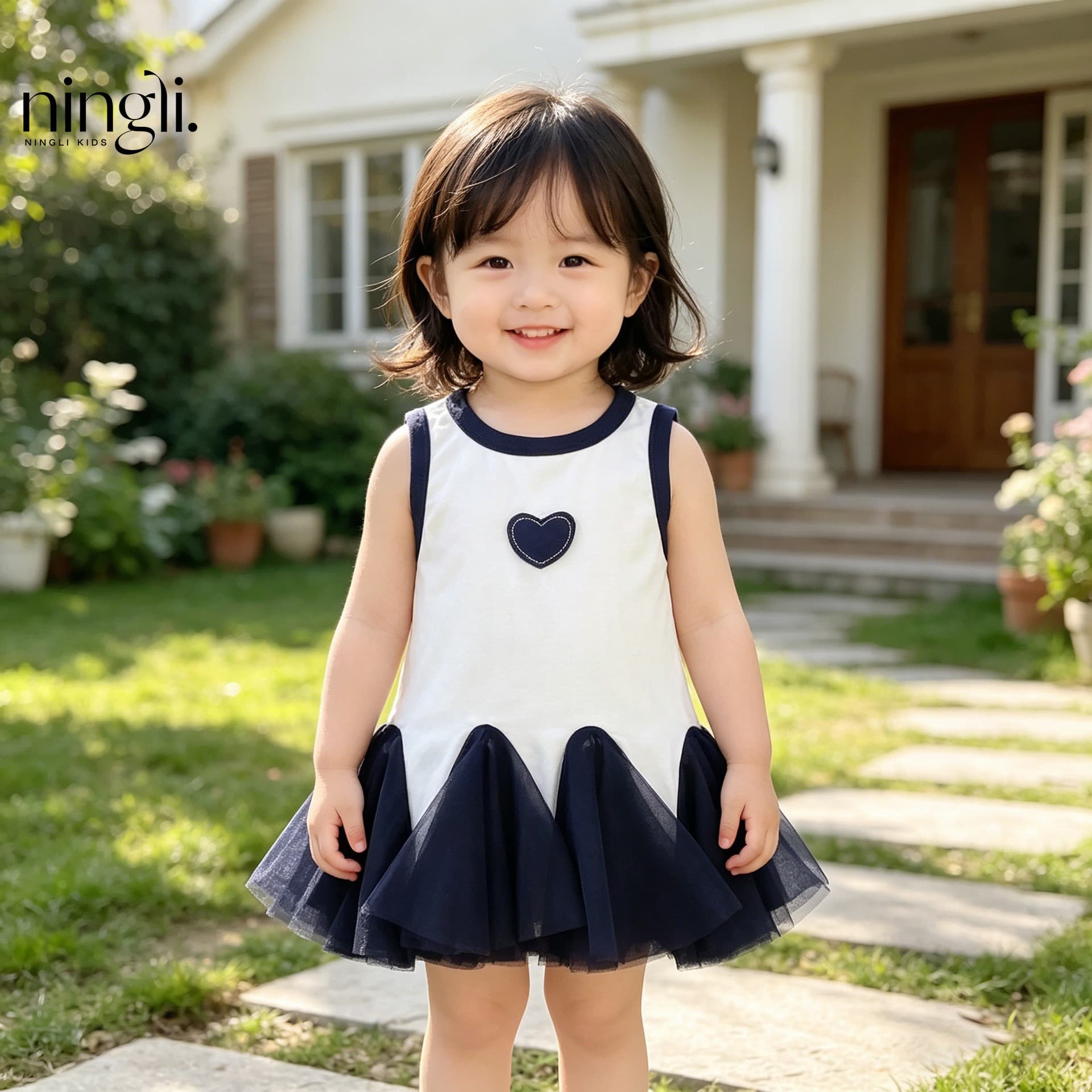Ningli Kids Summer New White Navy Contrast Vest Dress with Heart Embroidery and Mesh Skirt for Girls