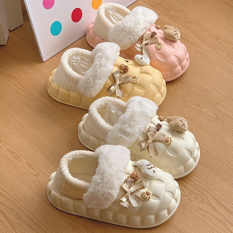 Detachable Cotton Slippers for Women, Indoor and Outdoor Wear, Home Warmth, Thick Sole, PVC, Cute, Fleece-Lined, Full-Wrap Cotton Slippers