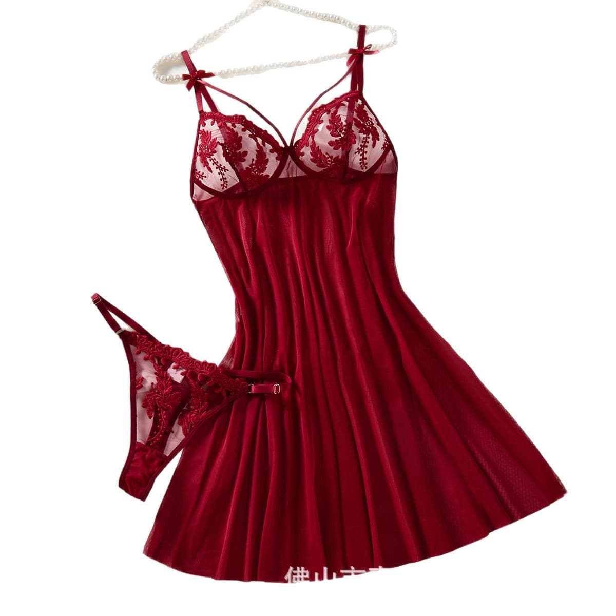2025 New Sexy Babydoll Chemise with Thong, Sheer Transparent Mesh Wheat Embroidery Flirtatious Sleepwear 66